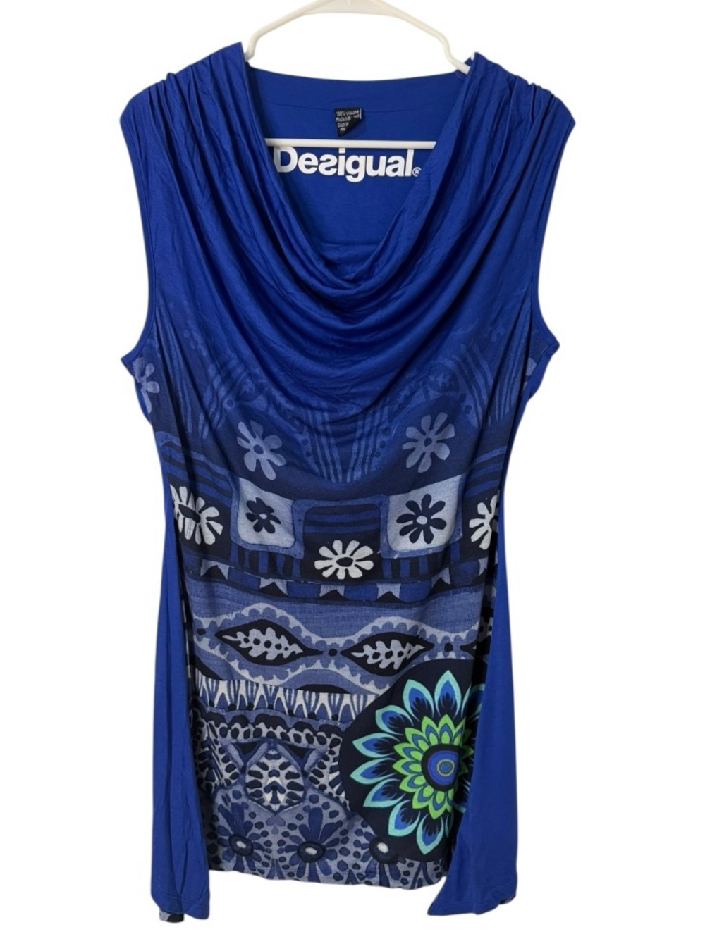 Desigual Blue Cowl Neck Handkerchief Hem Tunic Dress Floral Mandala Large L - Picture 2 of 8